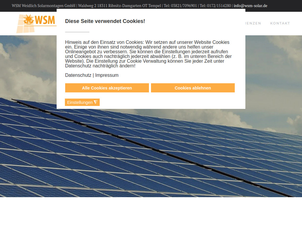 Website von WSM Weidlich Solarmontagen GmbH in Ribnitz-Damgarten OT Tempel