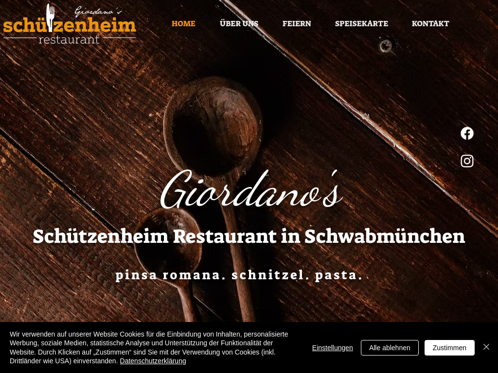 Website von Giordano's Schützenheim Restaurant in Schwabmünchen