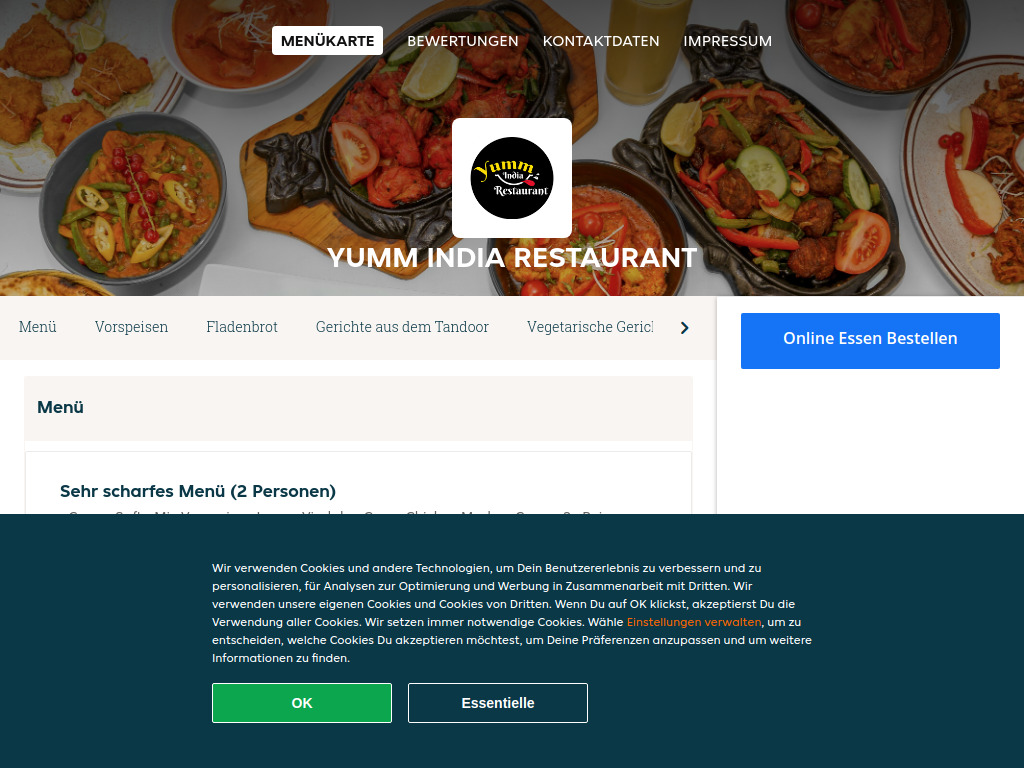 Website von Yumm India Restaurant - Essen online bestellen in Eggenwil in Eggenwil
