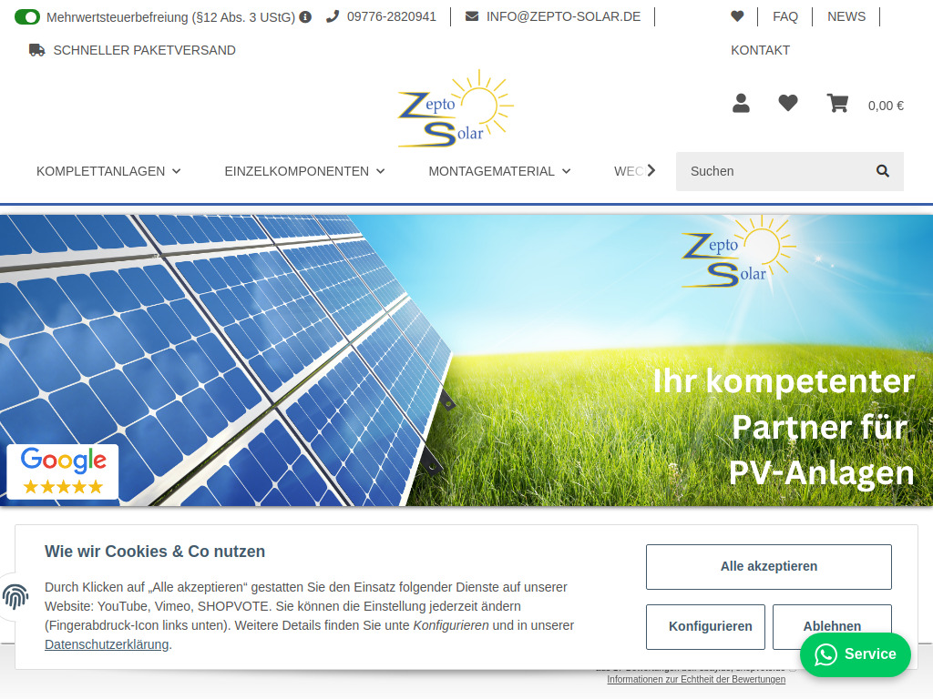 Website von ZeptoSolar GmbH in Stockheim