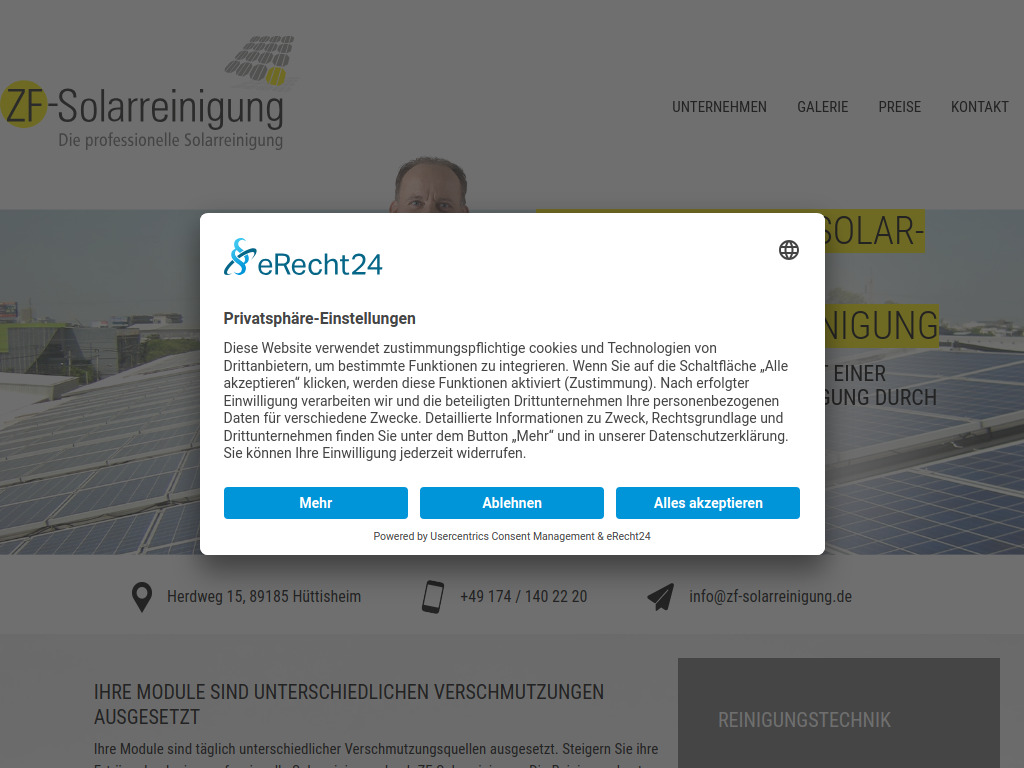 Website von ZF-Solarreinigung in Hüttisheim