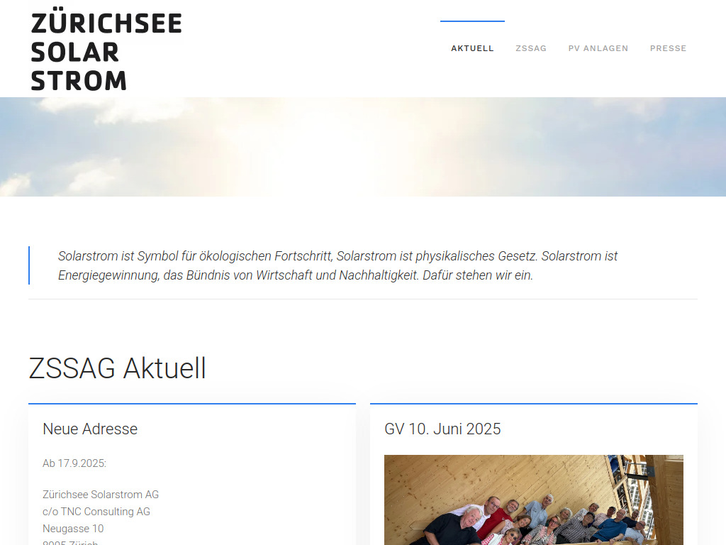 Website von Zürichsee Solarstrom AG in Feldmeilen